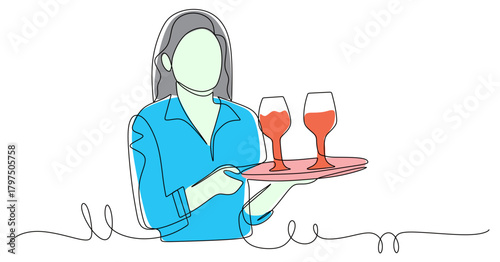 Continuous line art of a woman working as a cafe waitress bringing glasses of wine to customers. The concept of the best service in a cafe or bar. Vector illustration with beautiful colors.