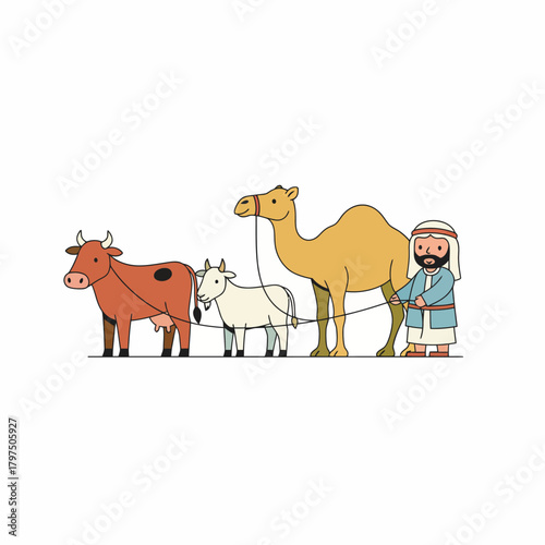 A cartoon illustration depicting a man in traditional Arab attire leading a procession of livestock, including a camel, cow, and goat, representing farming and nomadic life