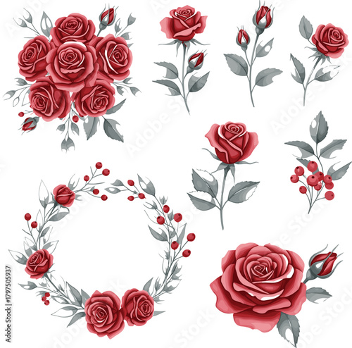 Set of Red Roses and Floral Wreath Vector Illustration - Elegant Watercolor Botanical Graphic
