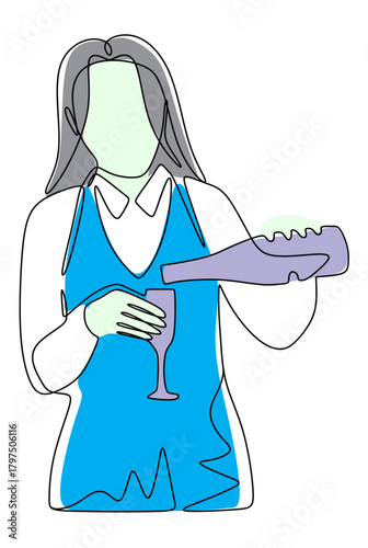 Continuous line art of a woman working as a cafe employee pouring wine from a bottle into a glass.  The concept of the best service in a cafe or bar. Vector illustration with beautiful colors.