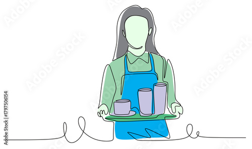 Continuous line art of a woman working as a cafe waitress bringing some drinks to customers. The concept of the best service in a cafe or bar. Vector illustration with beautiful colors.