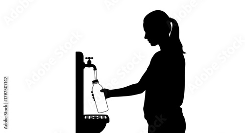 Stay Hydrated Silhouette: Woman refills reusable bottle at water fountain, promoting health and sustainability in a modern, minimalist style