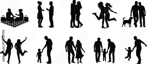 Silhouettes of couples, families, and friends enjoying moments together, showing love, bonding, parenting, joy, relationships, outdoor activities, and happy lifestyle interactions