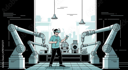 Futuristic manufacturing illustration featuring a man using VR to control robotic arms in a