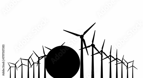 Dynamic black and white silhouette of wind turbines generating clean energy, powering a sustainable future with renewable resources and modern technology