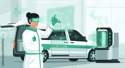 Futuristic medical researcher using augmented reality for diagnostics in mobile lab setting