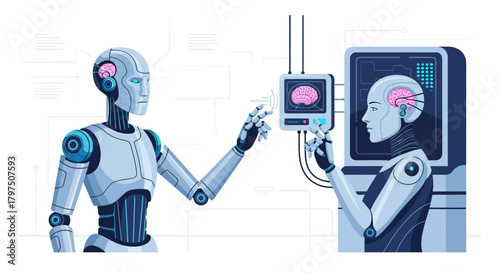 Futuristic medical technology concept featuring humanoid robots and brain scan interface