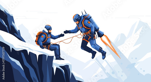 Futuristic mountain rescue operation with jetpack assistance in a snowy landscape