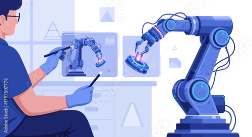 Futuristic robotics engineer controlling robotic arms in a high tech manufacturing industry