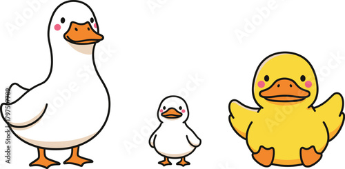Cute Cartoon Duck Family with Mother Duck, Duckling, and Yellow Rubber Duck Toy, Representing Farm Animals, Babies, and Bath Time Vector Illustration