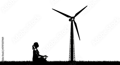 Serene woman meditating under wind turbine silhouette, embodying peaceful energy generation and inner balance amidst nature's power.