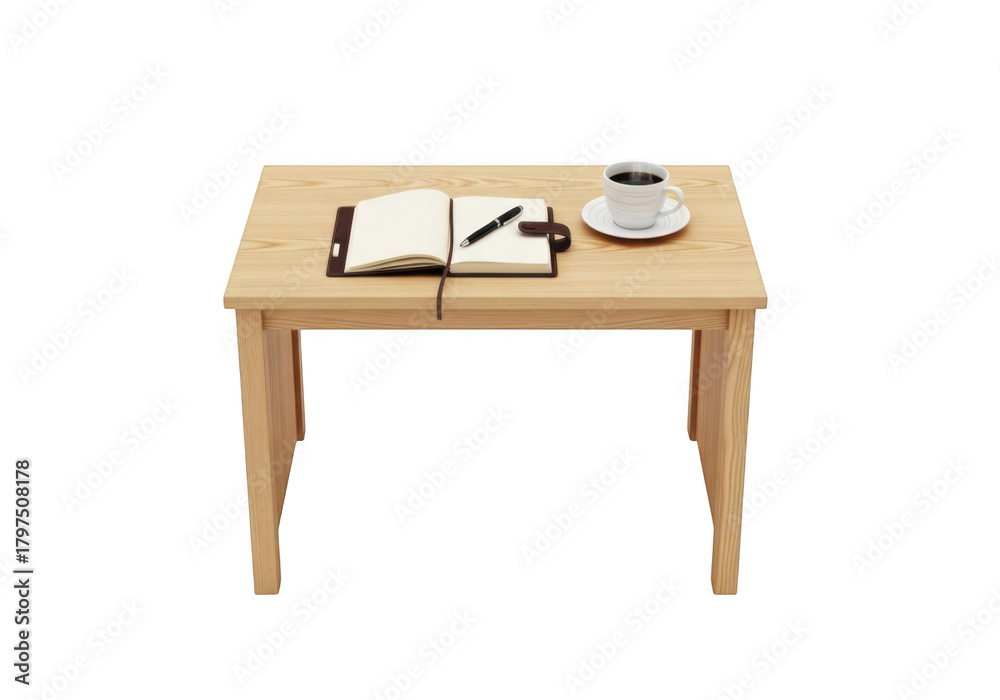 Fototapeta premium Wooden desk with open notebook pen and coffee cup isolated on transparent background