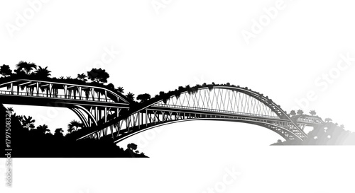 Stunning silhouette of a grand bridge arching over lush tropical foliage, symbolizing connection and modern infrastructure amidst nature's beauty.
