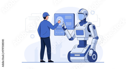 Human-Robot collaboration, industrial automation, and digital transformation illustration