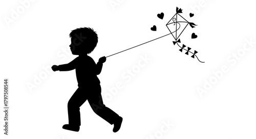 Silhouette of kids flying kite vector graphic clip art design