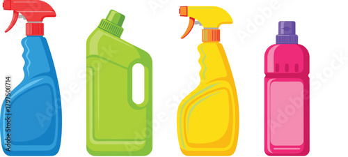 Set of Colorful Household Cleaning Product Bottles, Including Detergent and Spray Cleaners for Home Hygiene and Disinfecting Vector Illustration