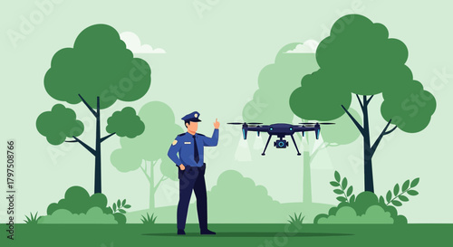 Illustration depicting a police officer overseeing a drone in a natural environment, emphasizing
