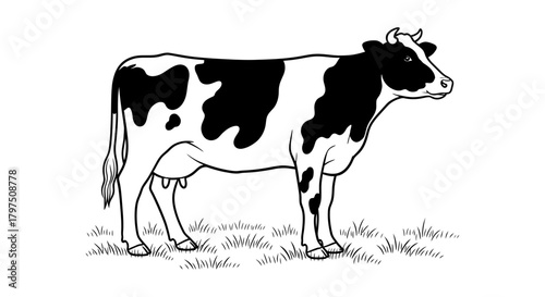 Black and white cow illustration standing in grass drawing