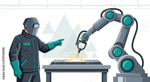 Illustration depicting a welding worker overseeing an automated robotic arm system