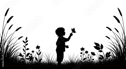 Young child's silhouette gently touches a butterfly in a whimsical meadow filled with wild grasses and delicate flowers