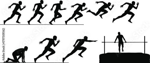 silhouette, sprinting, pole vaulting, athlete, motion, track, field, sports, dynamic, movement, action, black, figure, posture, jump, running, vault, illustration, graphic, design, energy