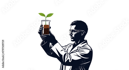 Dedicated scientist examining a young plant in a beaker, symbolizing growth and innovative research in a clean, modern laboratory setting.
