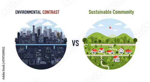 Environmental contrast between polluted urban landscape and sustainable community with nature.