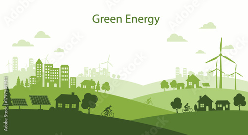Green energy landscape with houses, buildings, windmills, solar panels, and people riding bicycles.