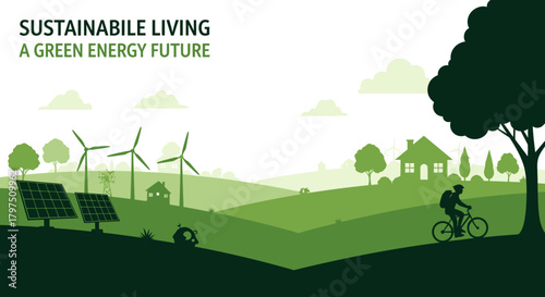 Silhouetted landscape with solar panels, windmills, houses, cyclist, and trees depicting sustainable living.