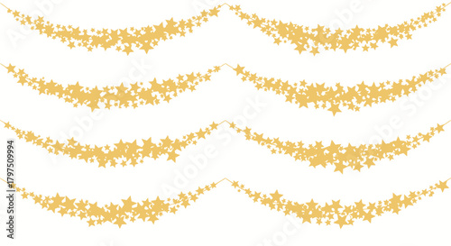 Four decorative star garlands in gold color are arranged on a white background.