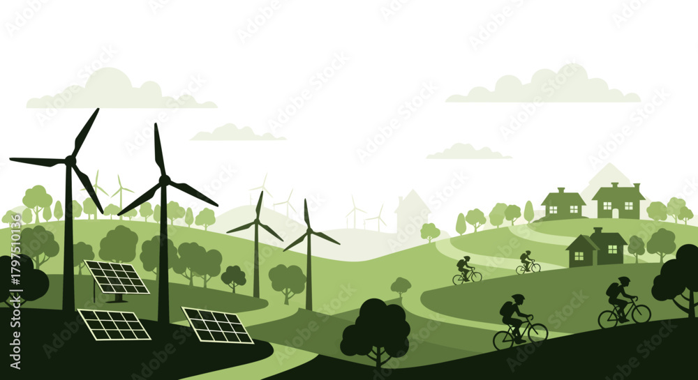 Obraz premium Green energy landscape with wind turbines, solar panels, cyclists, and houses.