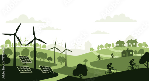 Green energy landscape with wind turbines, solar panels, cyclists, and houses.