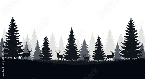 Silhouette illustration of deer in a forest with evergreen trees and grass.