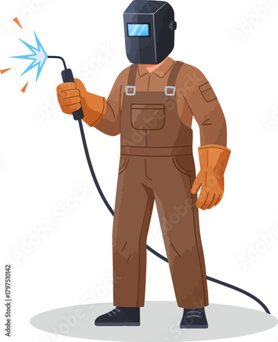 Welder at work, flat vector illustration set. Male characters in uniform and protective mask welding