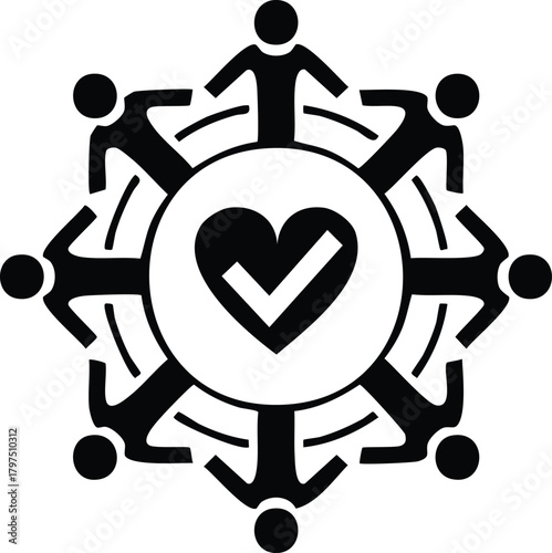Corporate unity icon showing group of people forming circle around central trust symbol for team harmony