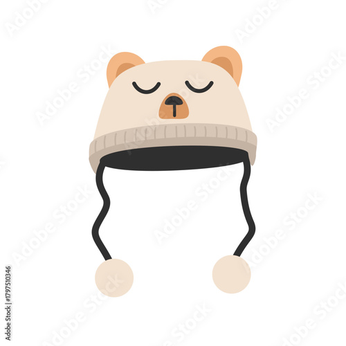 Cute Sleeping Bear Winter Hat with Pom Poms.Soft Wool Winter Hat. Winter Beanie Illustration.