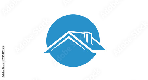 Blue circular logo featuring a stylized house roof and chimney on white.