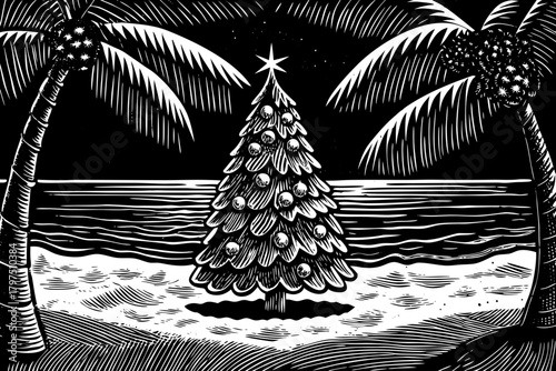 tropical Christmas tree decorated with seashell ornaments stands black and white on white sand with turquoise water and palm trees in the background