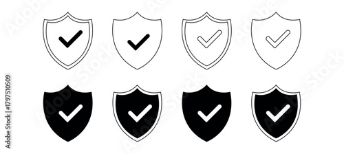 Set of security shield icons, security shields logotypes with check mark and padlock. Security shield symbols. Vector illustration.
