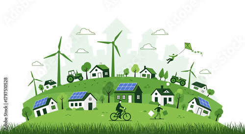 Green energy community with solar panels, wind turbines, and people enjoying nature.