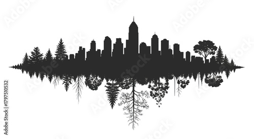 Stunning silhouette of a modern cityscape merging with a vibrant forest landscape, symbolizing nature and urban life harmony