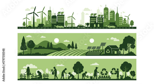 Green eco-friendly city, rural landscape, and community gardening in silhouette illustration.
