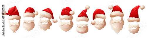 A collection of Santa Claus hats and beards, featuring red hats with white trim and fluffy white beards. Ideal for holiday decorations and festive themes.