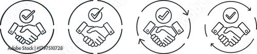 Deal completion icon with handshake checkmark and circle border showing successful agreement confirmation in thin outline
