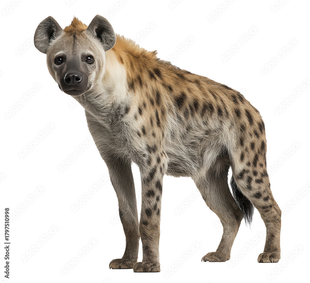 Fototapeta premium Hyena standing on all fours with distinctive coat and facial features in a simple environment