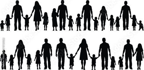 Silhouette illustration of diverse families holding hands with parents and children standing together representing unity, bonding, support, love and family relationship