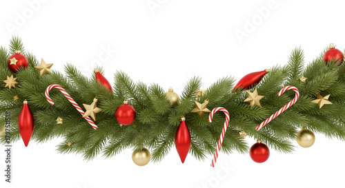 Festive green fir garland adorned with red baubles gold stars and candy canes isolated on transparent background