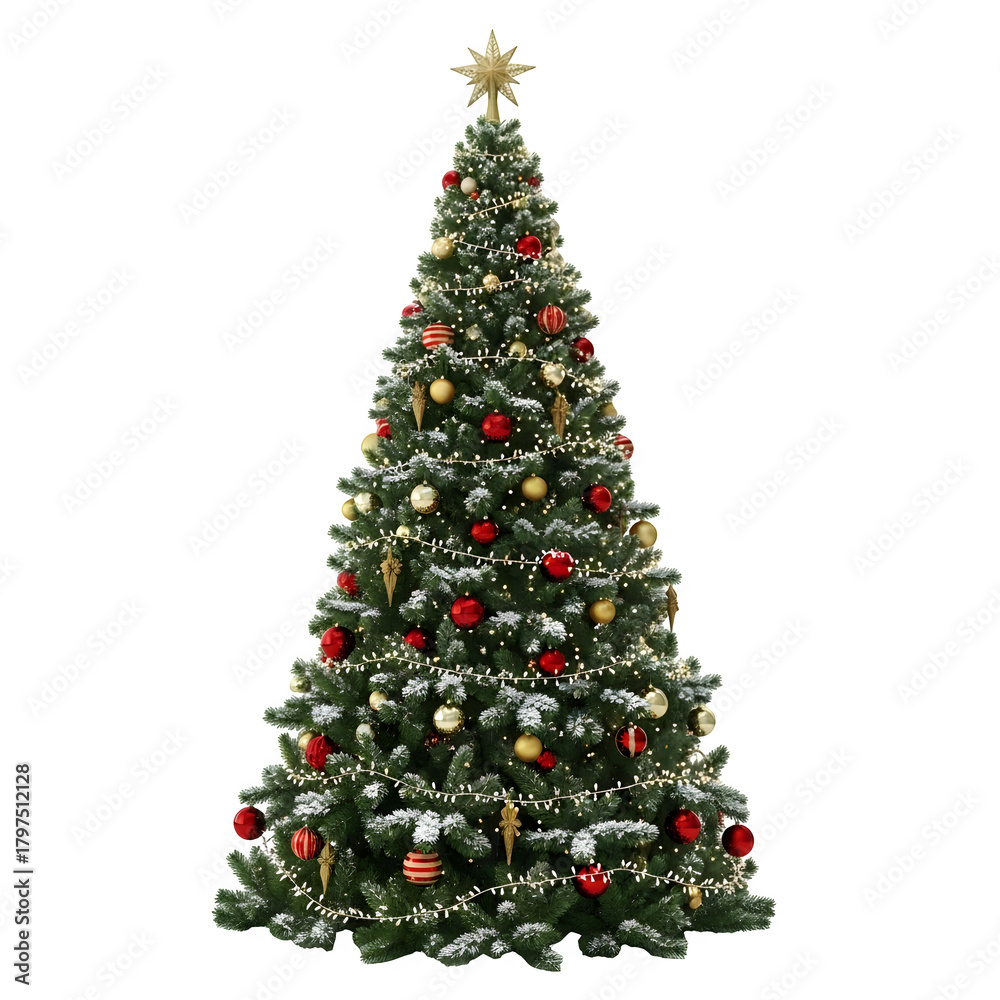 Fototapeta premium Beautifully decorated christmas tree with ornaments lights and star isolated on transparent background