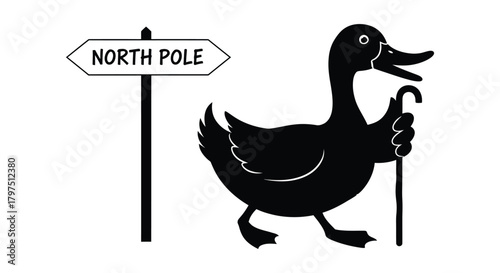 Black duck walking to north pole with cane vector illustration