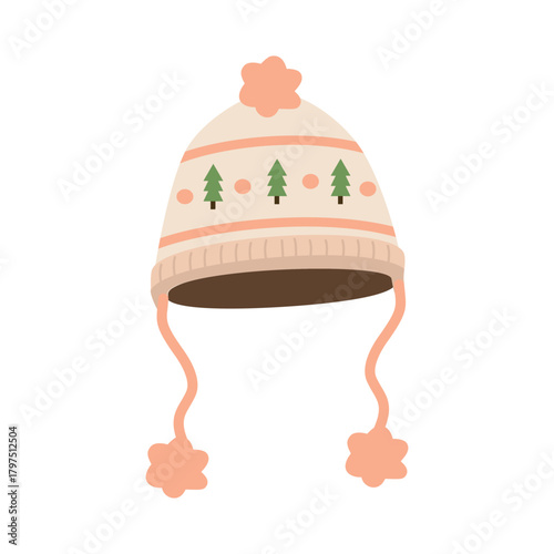 Cute Winter Hat with Christmas Trees and Pom-Poms. Chunky Knit Winter Hat. Soft Wool Winter Beanie